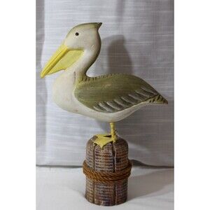Vtg Wooden Pelican Nautical Decor Coastal Bird Sculpture Dock Post Rope